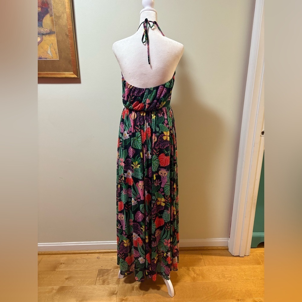 Betsy Johnson Paulina maxi mesh halter dress tropical jungle M - Picture 2 of 6